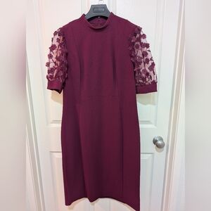 Liz Claiborne Burgundy Dress with Floral Lace Sleeves